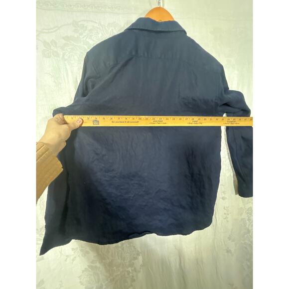 Chaps Button Up XL Navy Blue 100% Linen Gold Buttons Preppy Roll Tab Sleeve - Picture 9 of 10